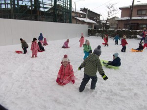 ≪ゆき遊び≫ 園庭に雪が積もり、 みんなでゆき遊びをしました。 ソリ遊びに雪だるま作り、雪合戦・・・と 思い思いのゆき遊びを楽しんだ子どもたち。 雪の上に寝転んだり、 転がったりするだけでも大興奮！！ また雪が降りますように♡